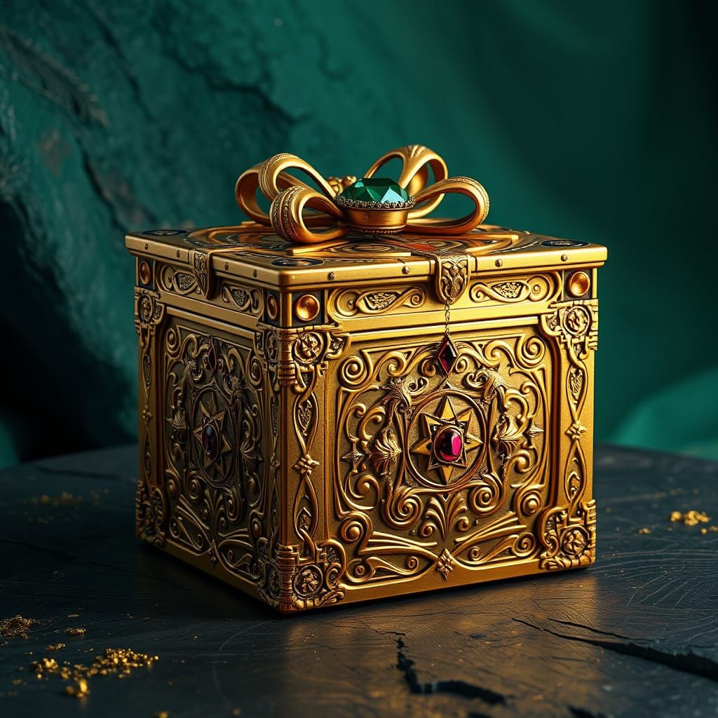 Ornate Gold Gift Box with Gems and Symbols