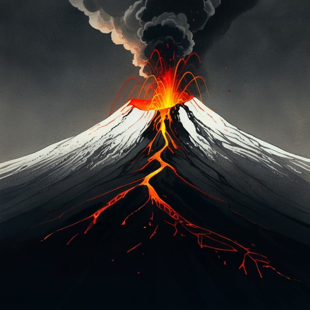 Volcano Eruption in Japanese Ink Art Style