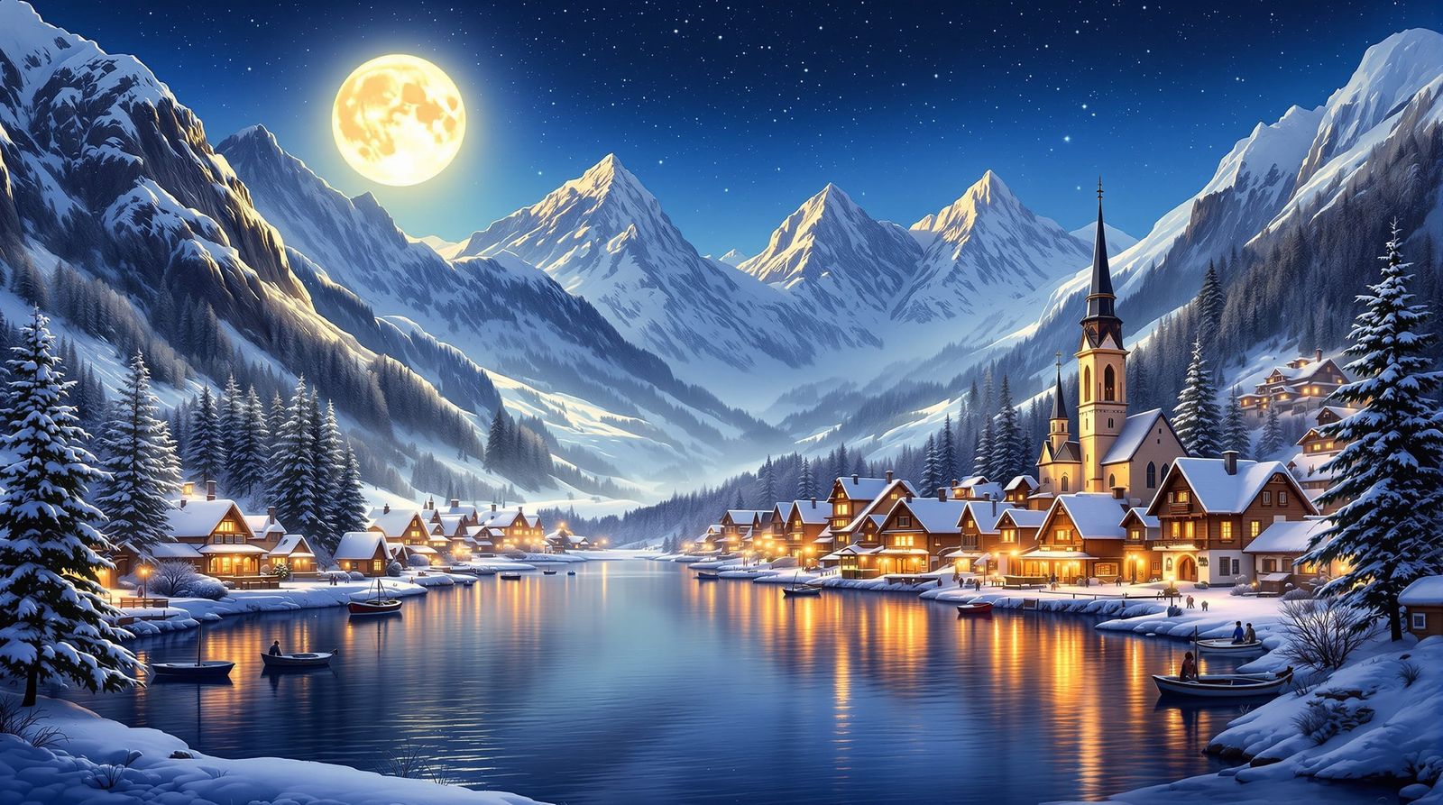 Picturesque Winter Village Under Starry Night