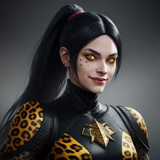 Fantastical Woman in Leopard Skin Leotard, Smiling with Yell...