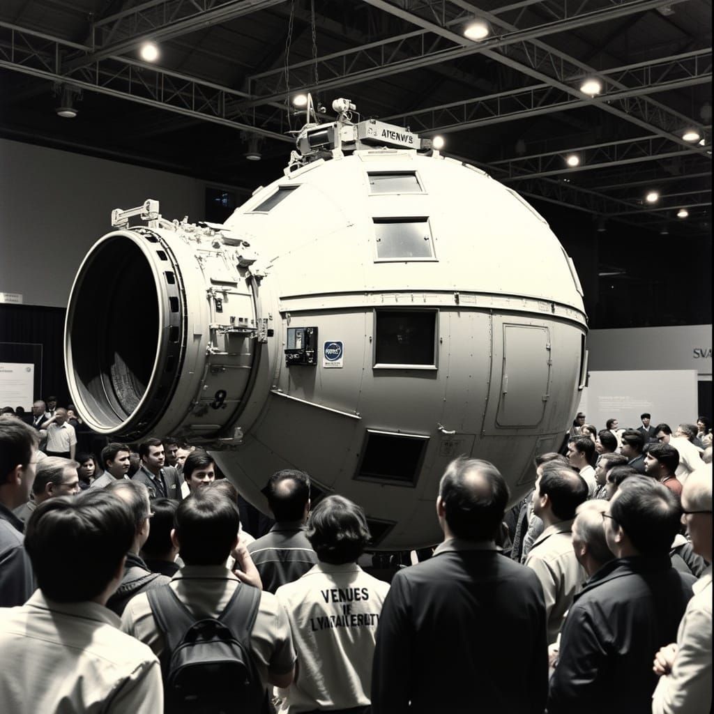 Vintage Space Enthusiasts Gather Around a Life-Size Model of...