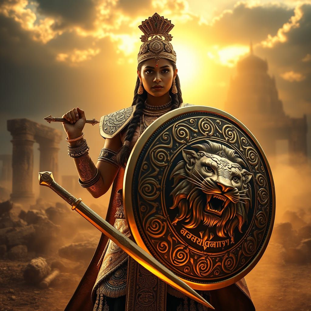 Regal Indian Warrior Queen in Golden Armor and Majestic Shie...