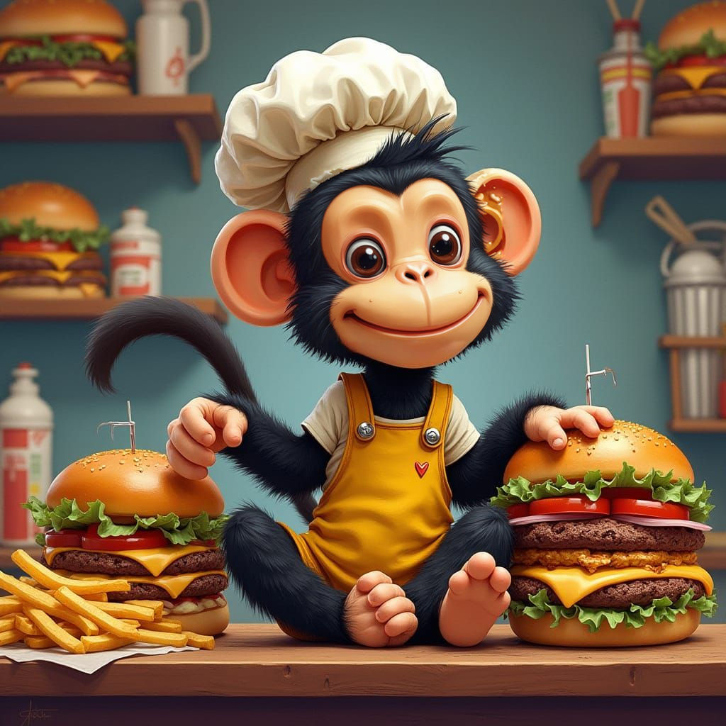 Monkey Chef in a Vibrant Burger Joint