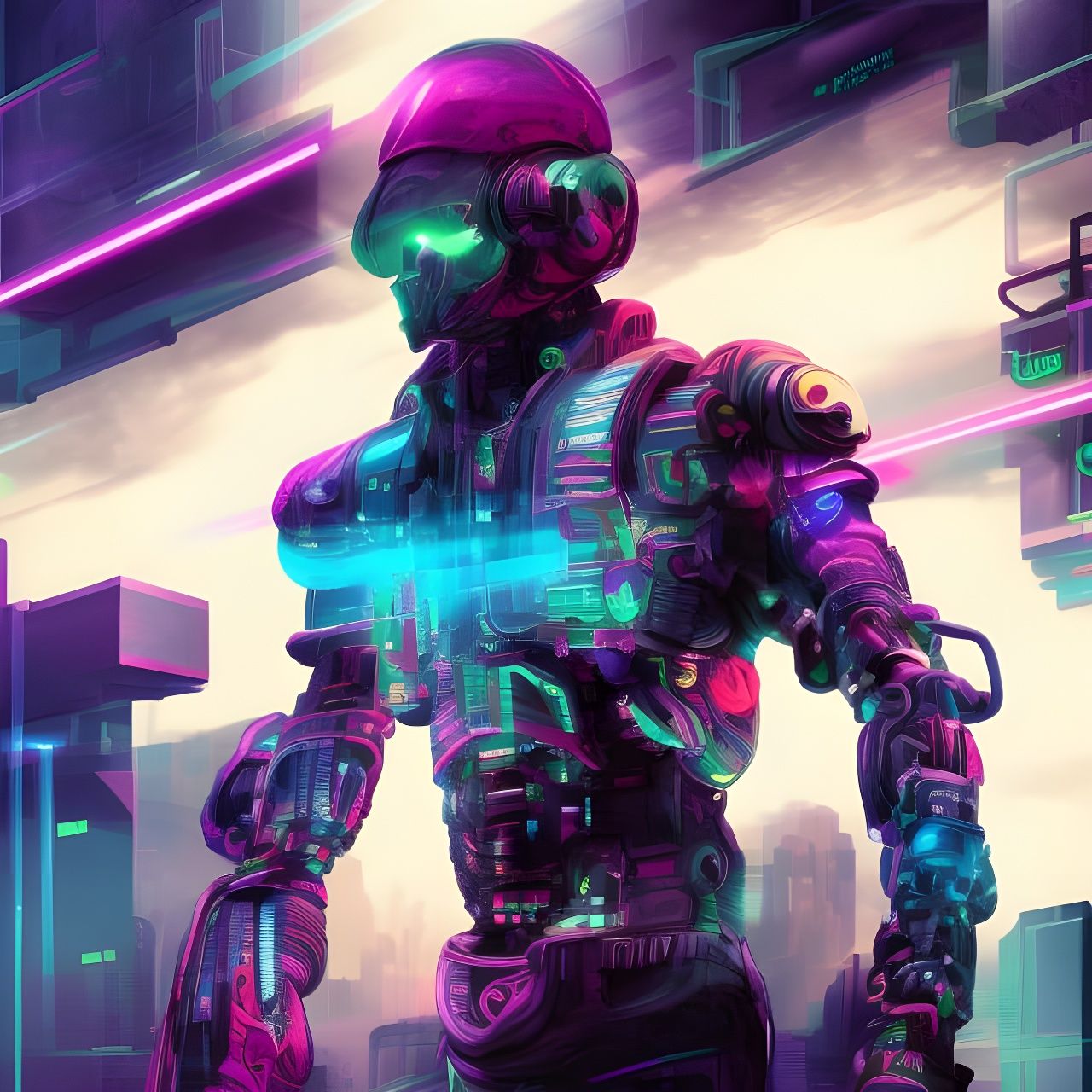 Hyperrealistic Cyborg in Cyberpunk Vaporwave Environment