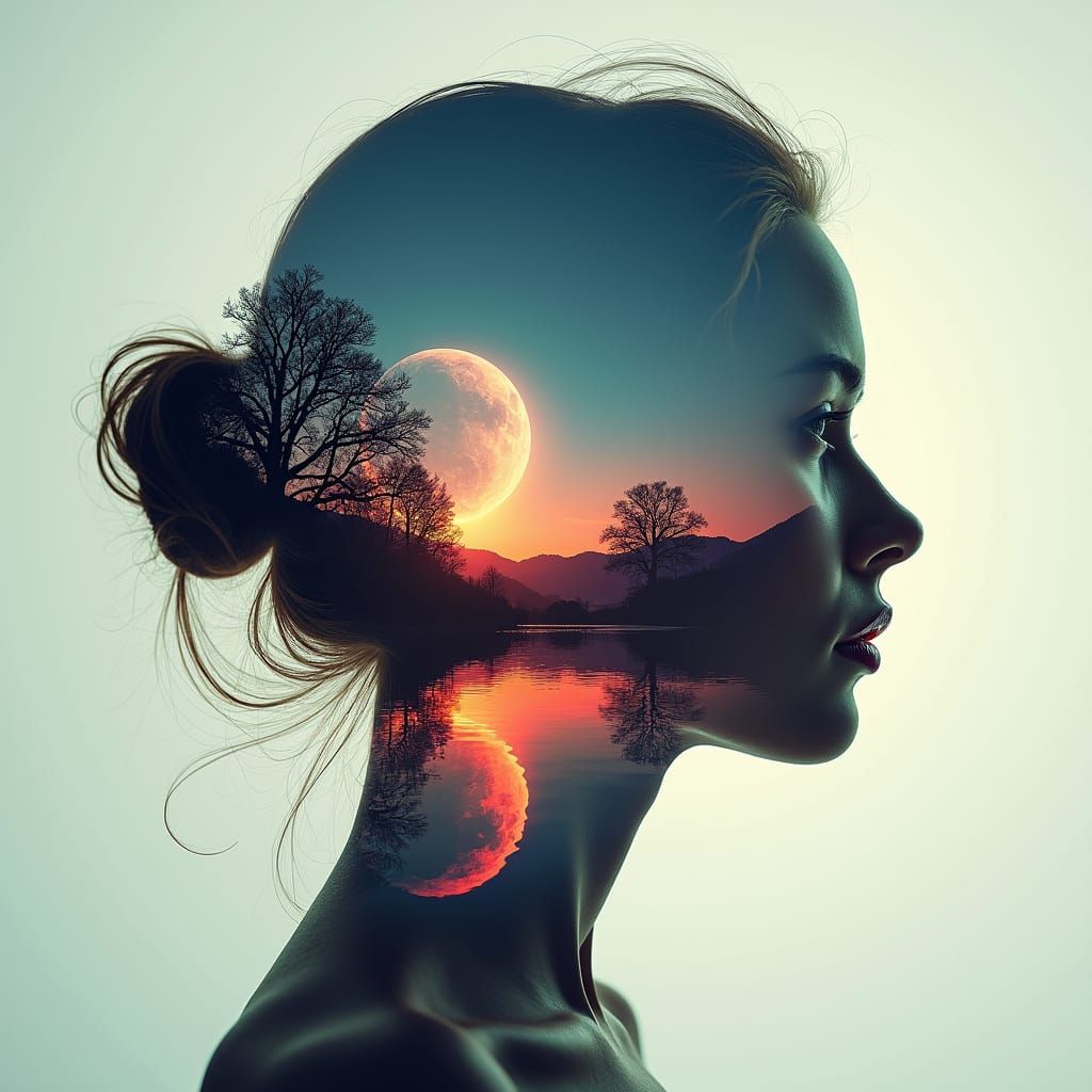 Double Exposure: Woman and Alien Moonscape