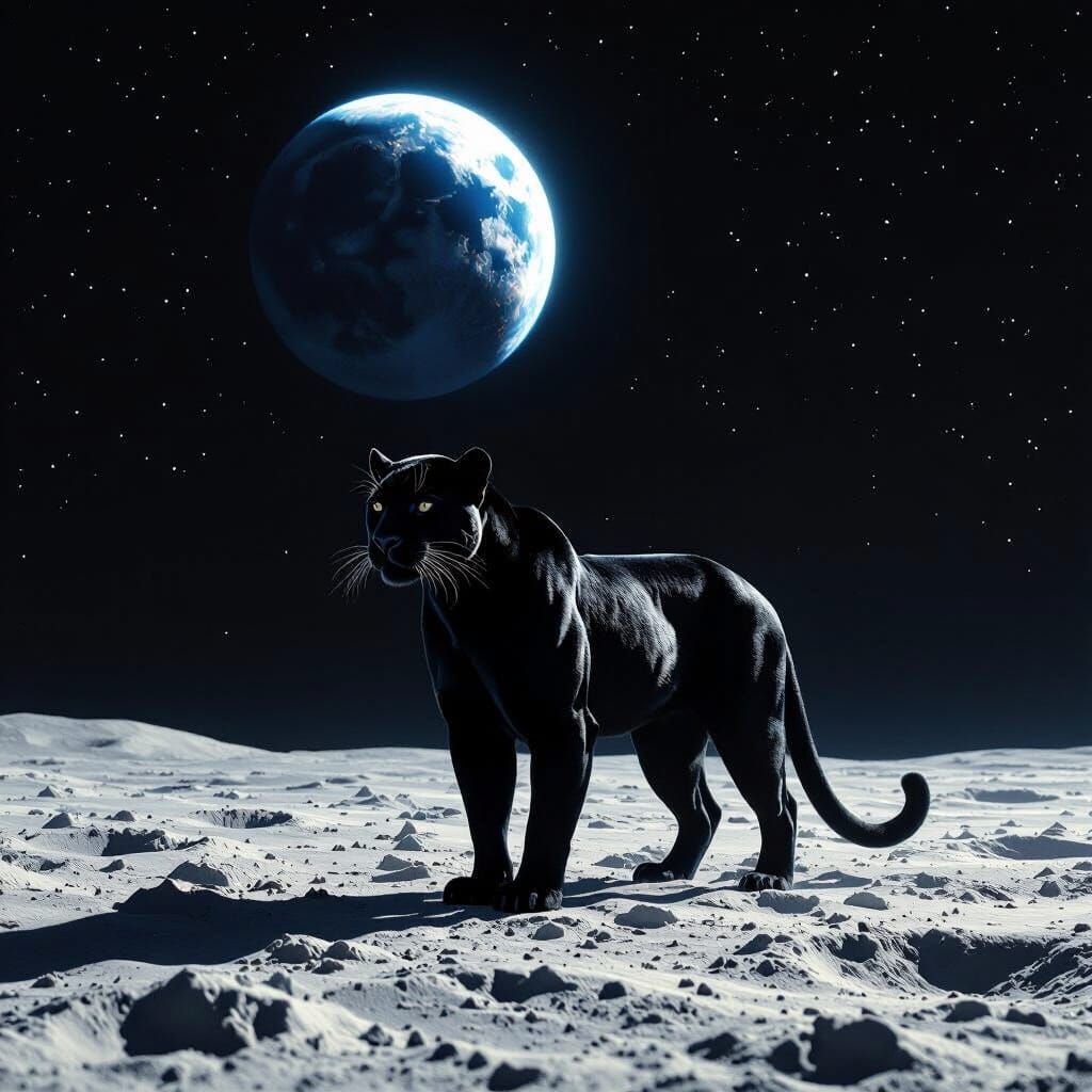 Black Panther on Moon Under Earthlight