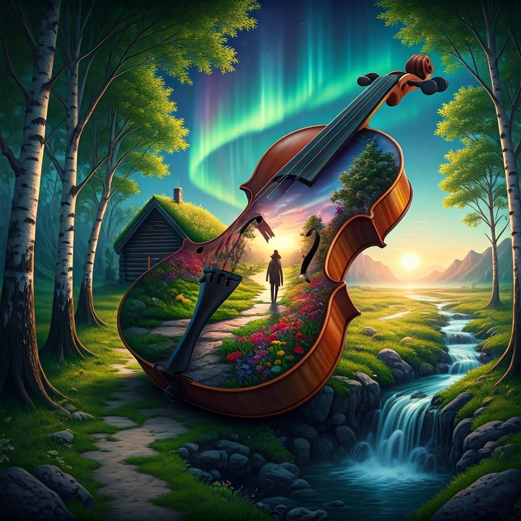 Surreal Scene Within a Merged Violin in Fantasy Art