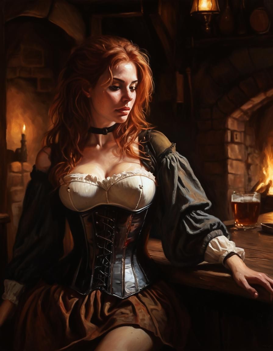 Woman Lounging in Medieval Tavern, Chiaroscuro Oil Painting