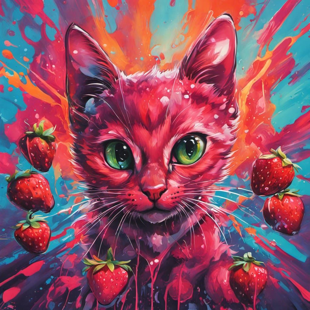 Colorful Strawberry Kitten in Graffiti Splash Art
