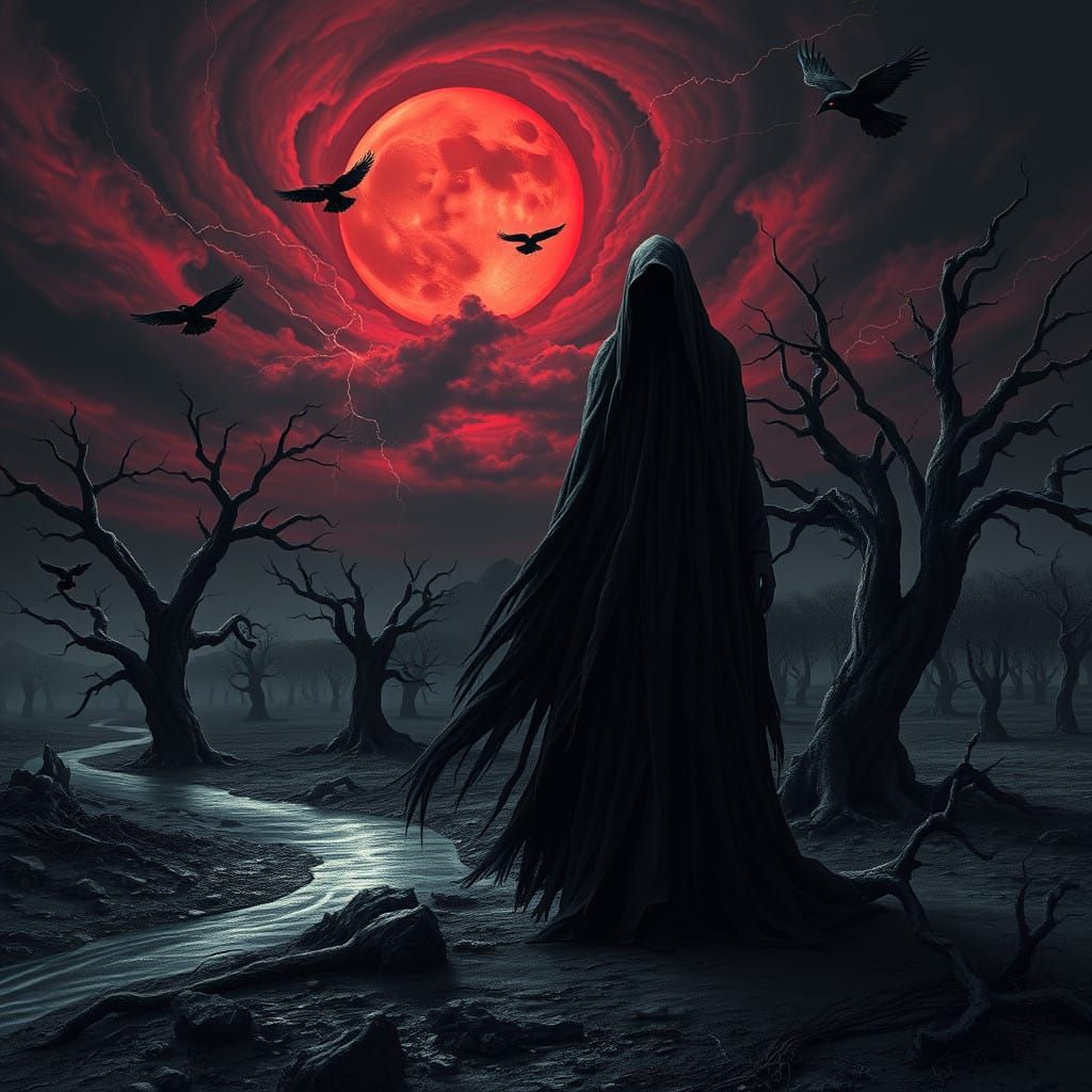 Ethereal Gothic Figure in Crimson Moonlit Landscape