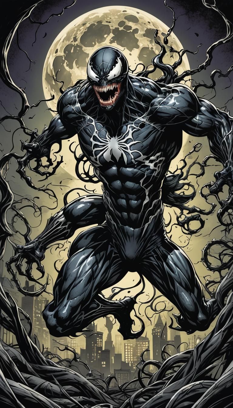 Grotesque Symbiote Anti-Hero in Comic Book Noir Style