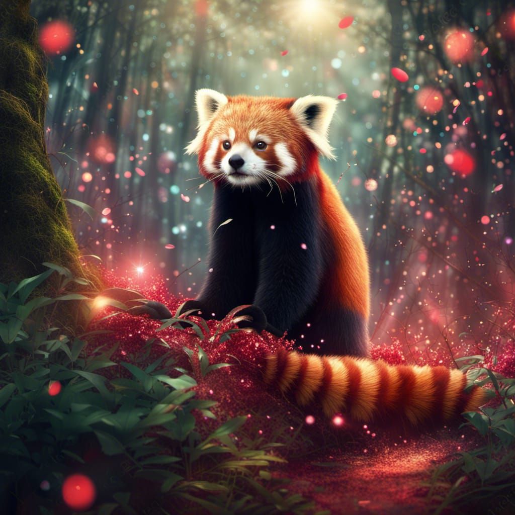Red Panda in Glittering Magical Forest