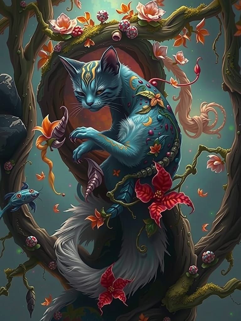 Whimsical Cat in Lush Forest Tapestry