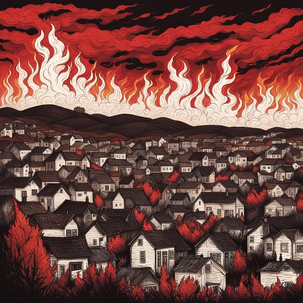 Inferno: Woman Ablaze in Burning Town