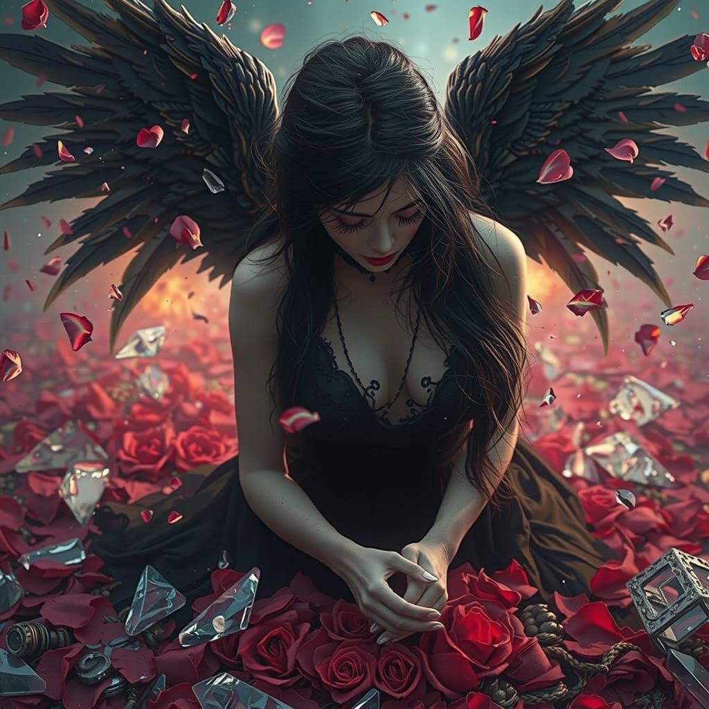 Goth Woman with Angel Wings in Shattered Paradise
