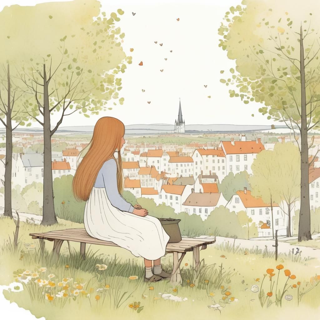 Girl in City Park, Minimalist Vector Art