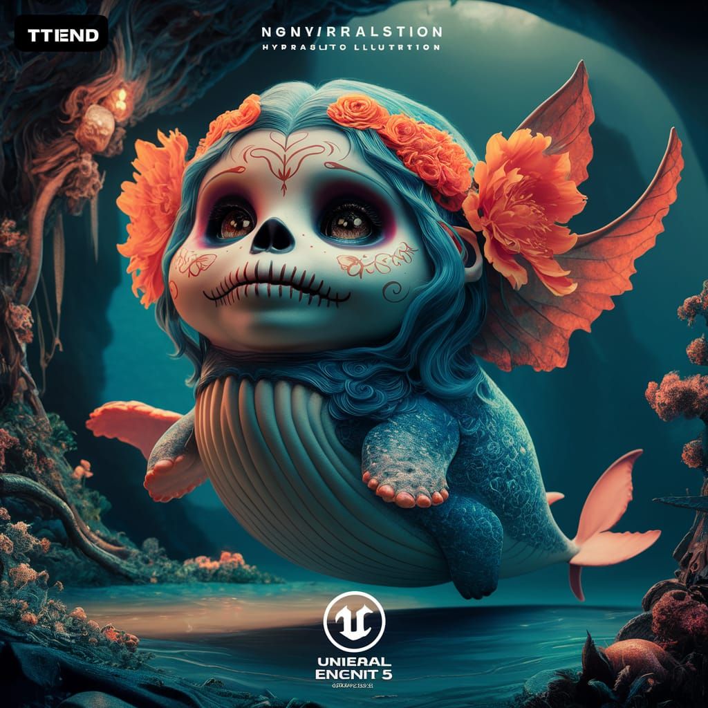 Hyperrealistic Troll Sugar Skull Whale with Flower Wings