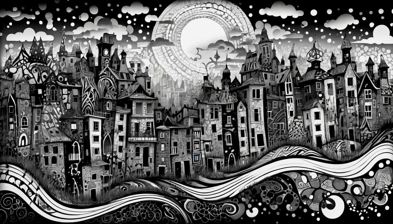 Black and White Ink Splash Cityscape in Zentangle Style