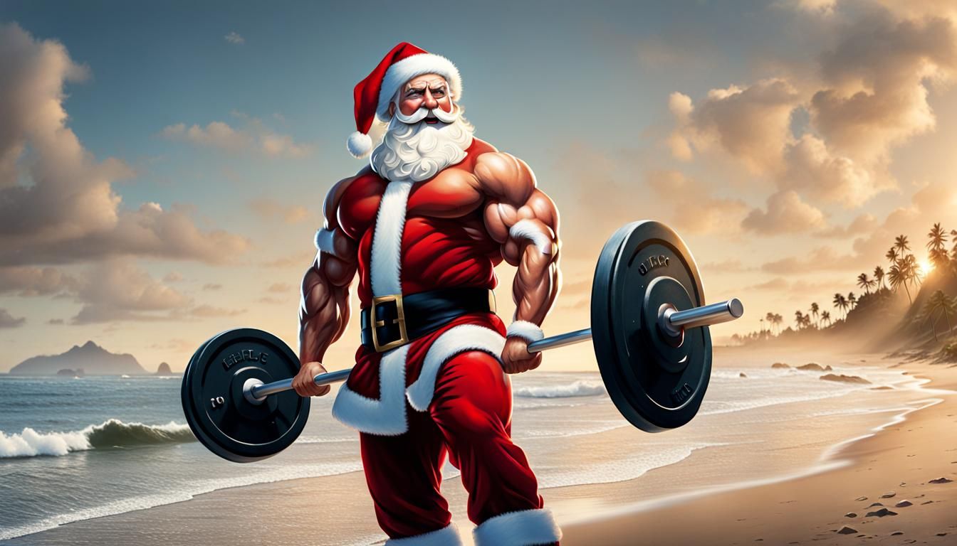 Muscular Santa Claus Lifting Weights on Beach