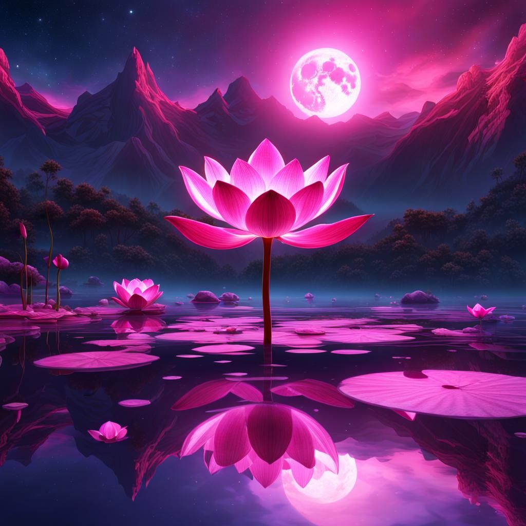 glowing pink crystal lotus flower inside clear lake at midni...