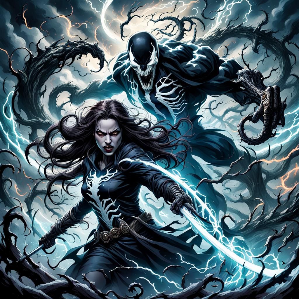 Venom and Lady Death Clash in Dark Fantasy Art