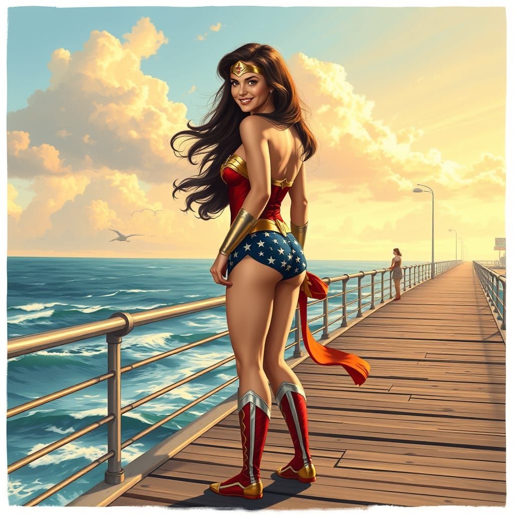 Wonder Woman on Boardwalk in Painted Illustration Style