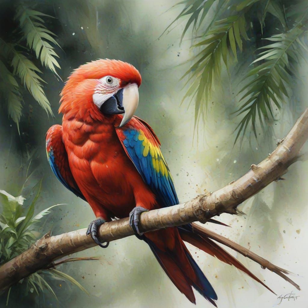 Scarlet Macaw in Dramatic Jungle Light, Painterly Realism