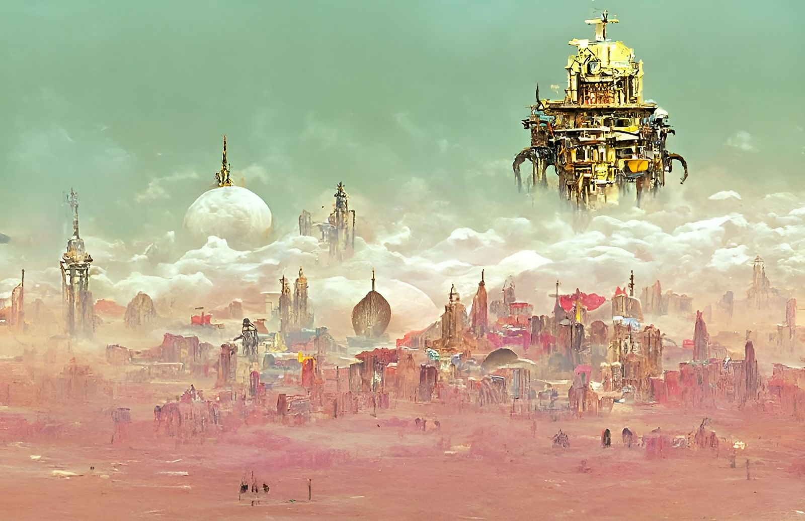 Arabian Steampunk City with Neon Lights, Digital Painting