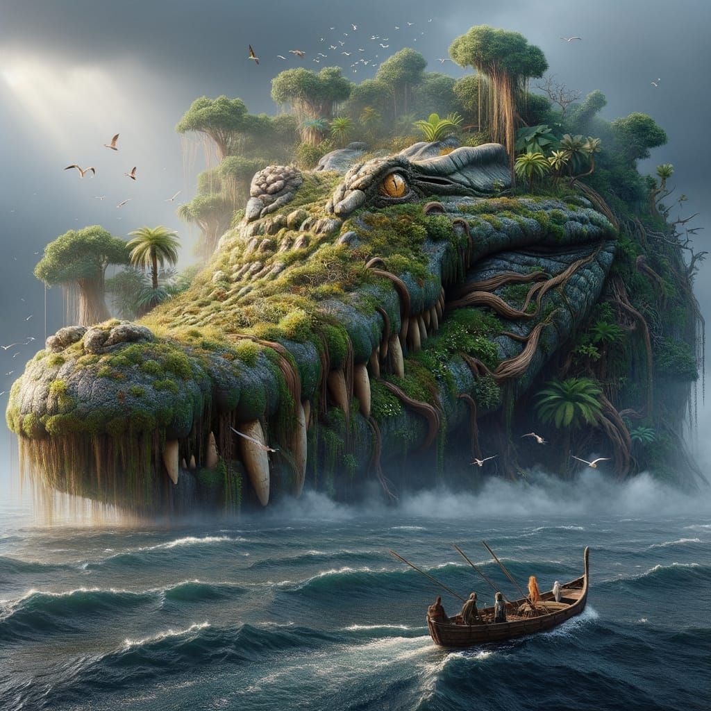 Colossal Ancient Crocodile Island Emerges from Misty Ocean