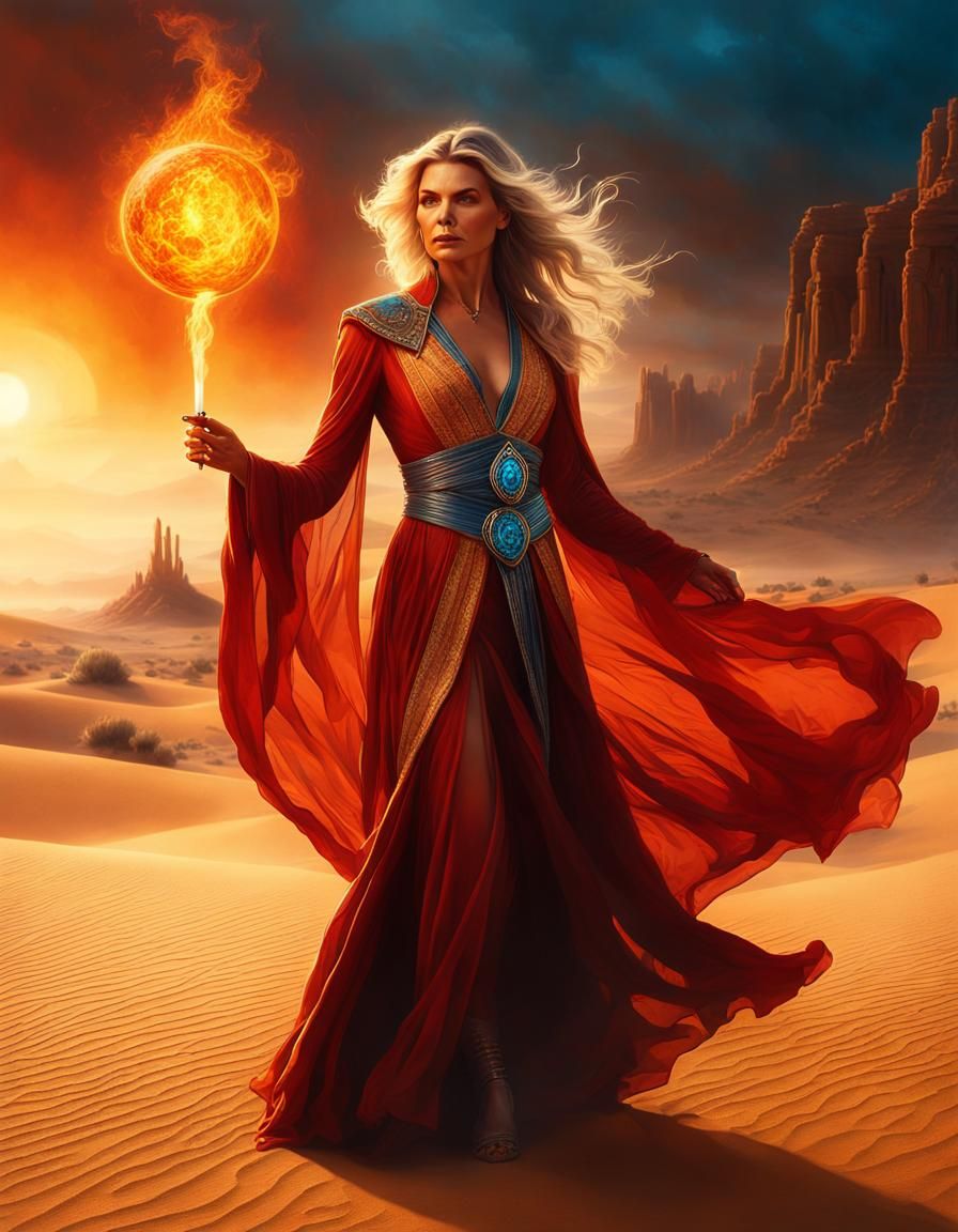 Michelle Pfeiffer as a Mage in a desert, wearing a lighting red conjuring robe, with intricate belt. Casting a fireball...