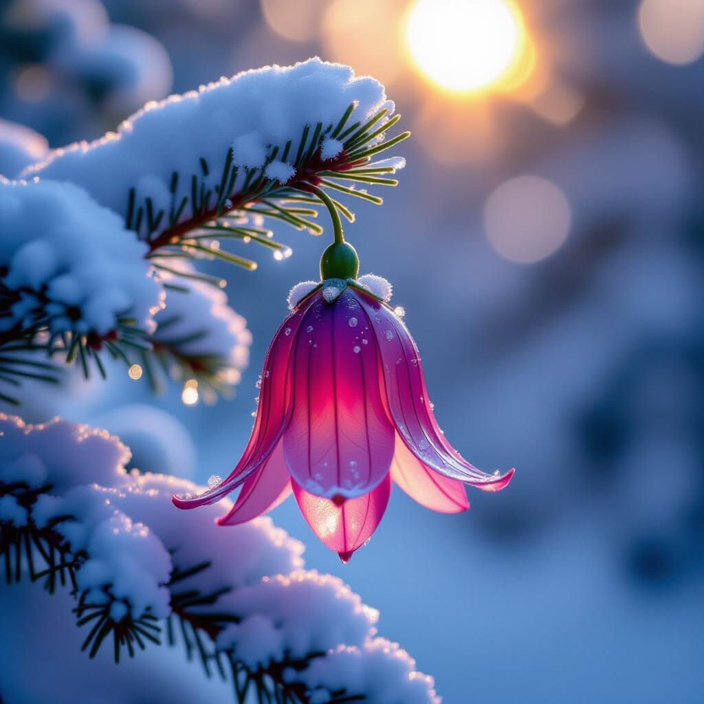 Crystal Scarlet Flower on Snowy Branch in Surreal Fantasy St...