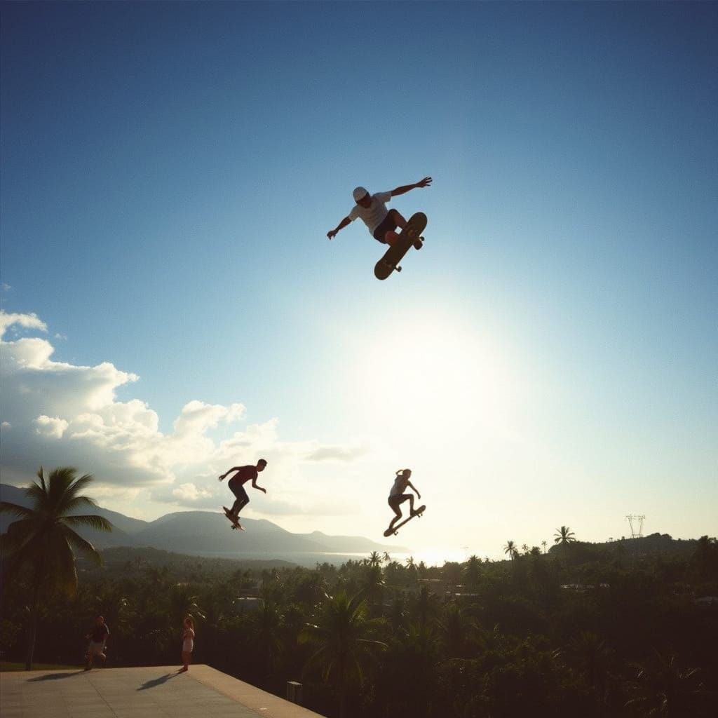 Skateboarders Soaring in Paradise: Cinematic Film Still