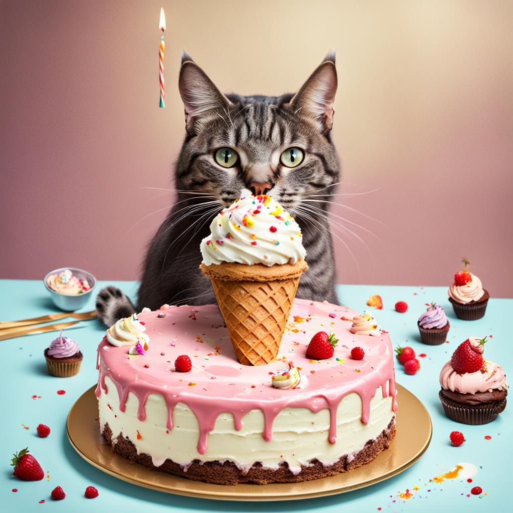 A cat eating a birthday cake and ice cream.