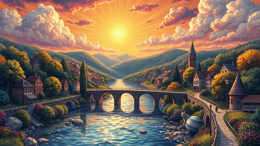 Whimsical Village Landscape in Naive Art Style