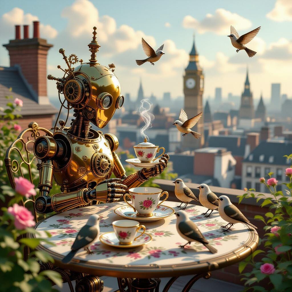 Steampunk Automaton Serves Tea to Clockwork Birds