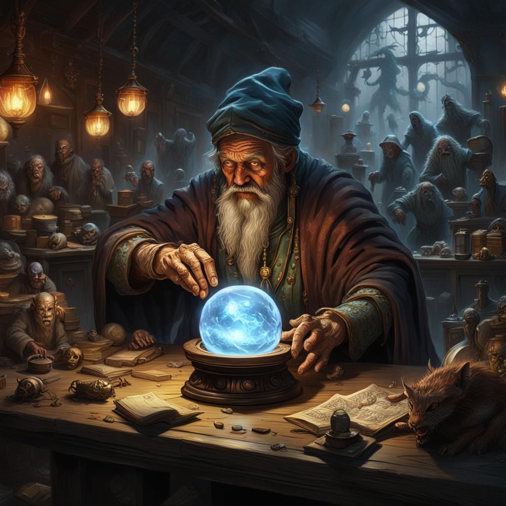 Sorcerer and Crystal Ball in Dark Fantasy Style