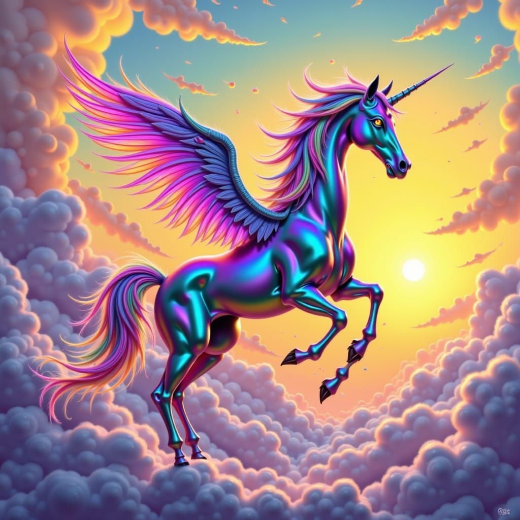 Rainbow Pegasus Soaring Through Sunrise Sky