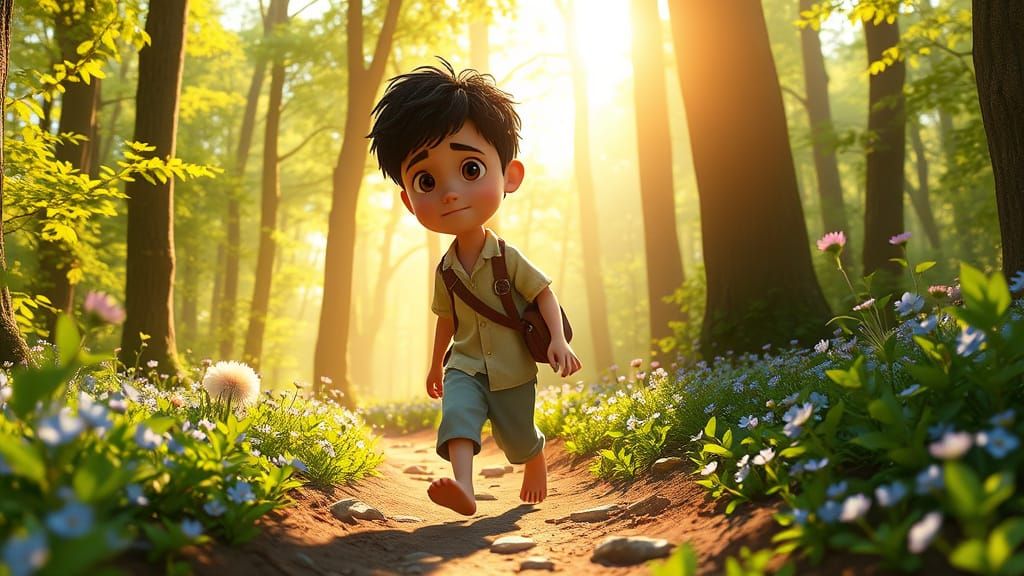 Boy in Spring Forest, 3D Digital Art