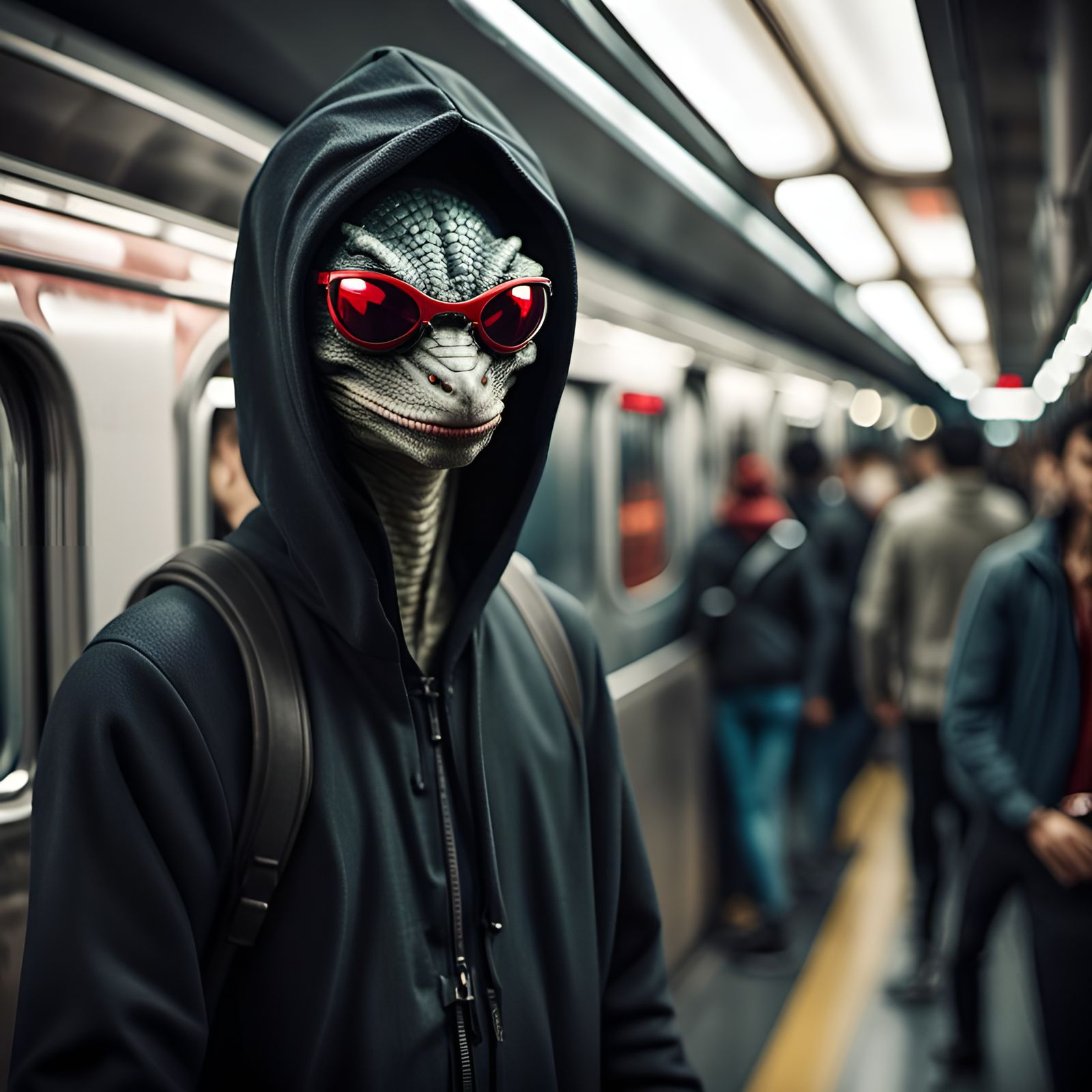 Lizard Alien in Subway, Cinematic Movie Still