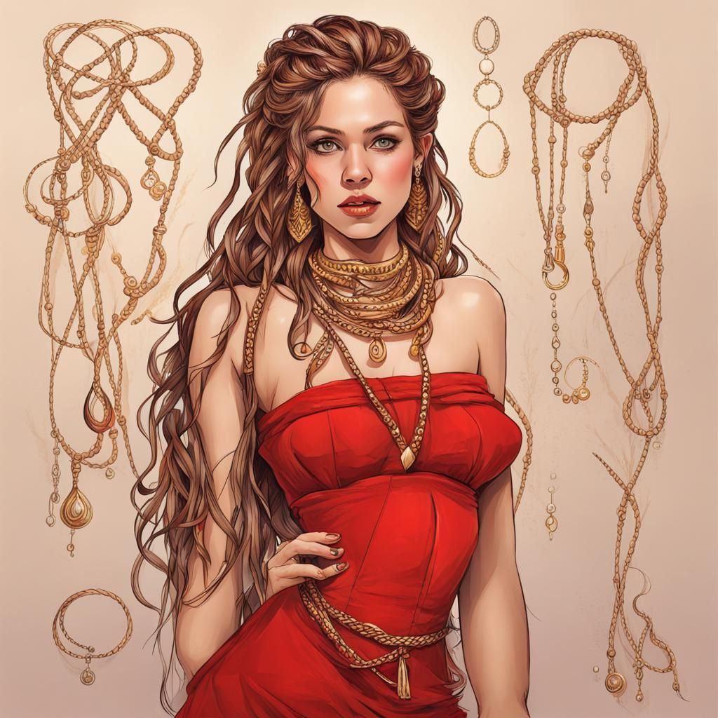 Beautiful Woman in Red Dress with Braided Hair