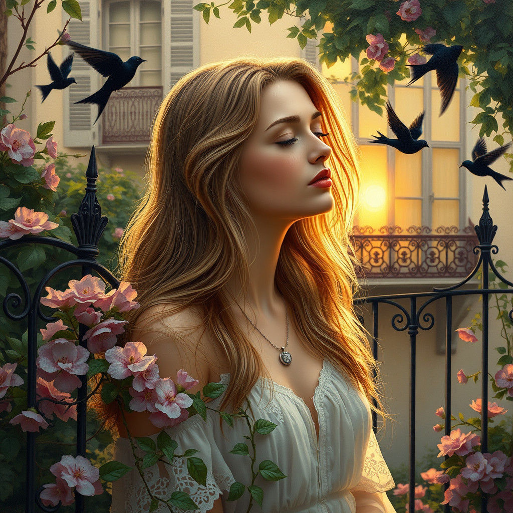 Romantic Woman in Garden: Dreamy Oil Painting