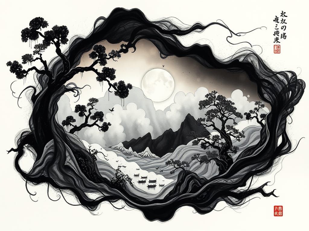 Surreal Japanese Sumi-e Diorama with Dynamic Composition