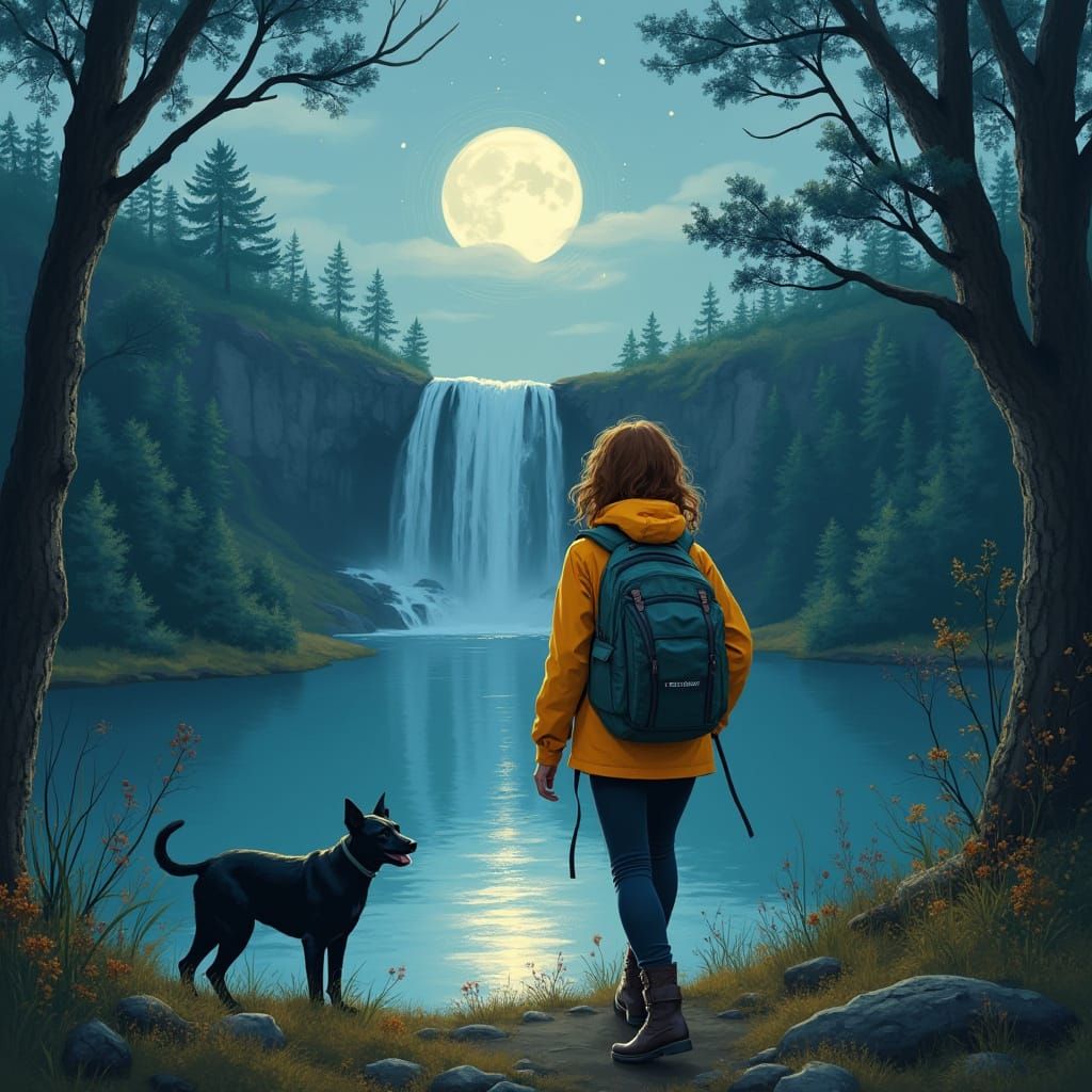 Whimsical Hiker Girl and Dog Under Moonlight