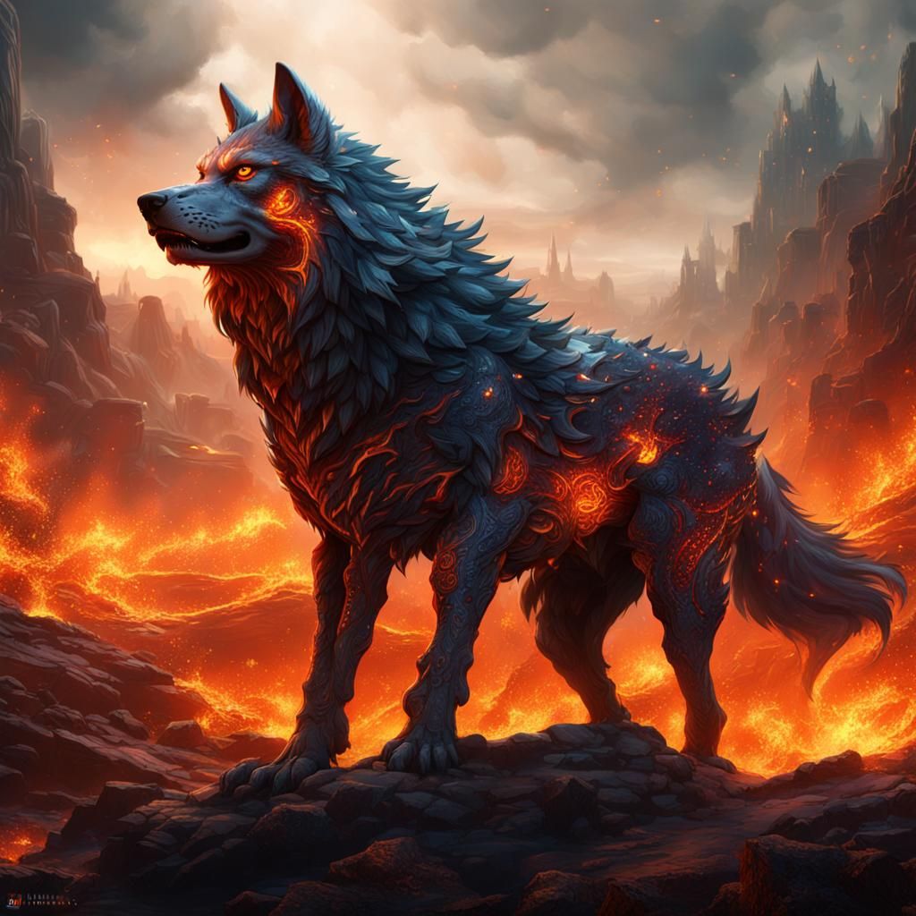 Fiery Wolf in Detailed Matte Painting Style