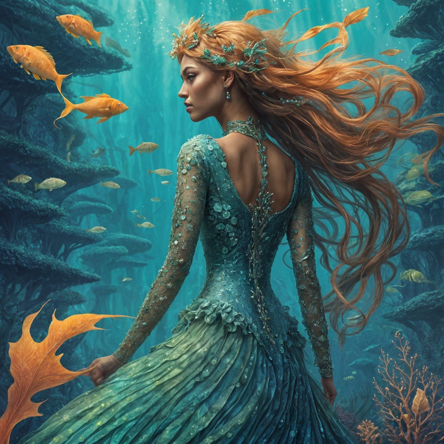 Merfolk Queen Surveys Underwater Kingdom in Ethereal Style