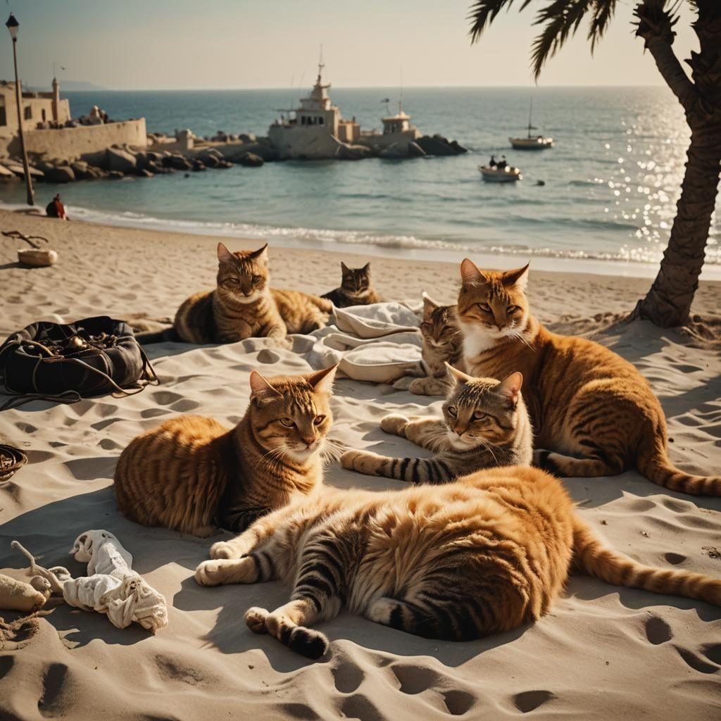 Cats Smoking Hookah on Beach in Cinematic Style