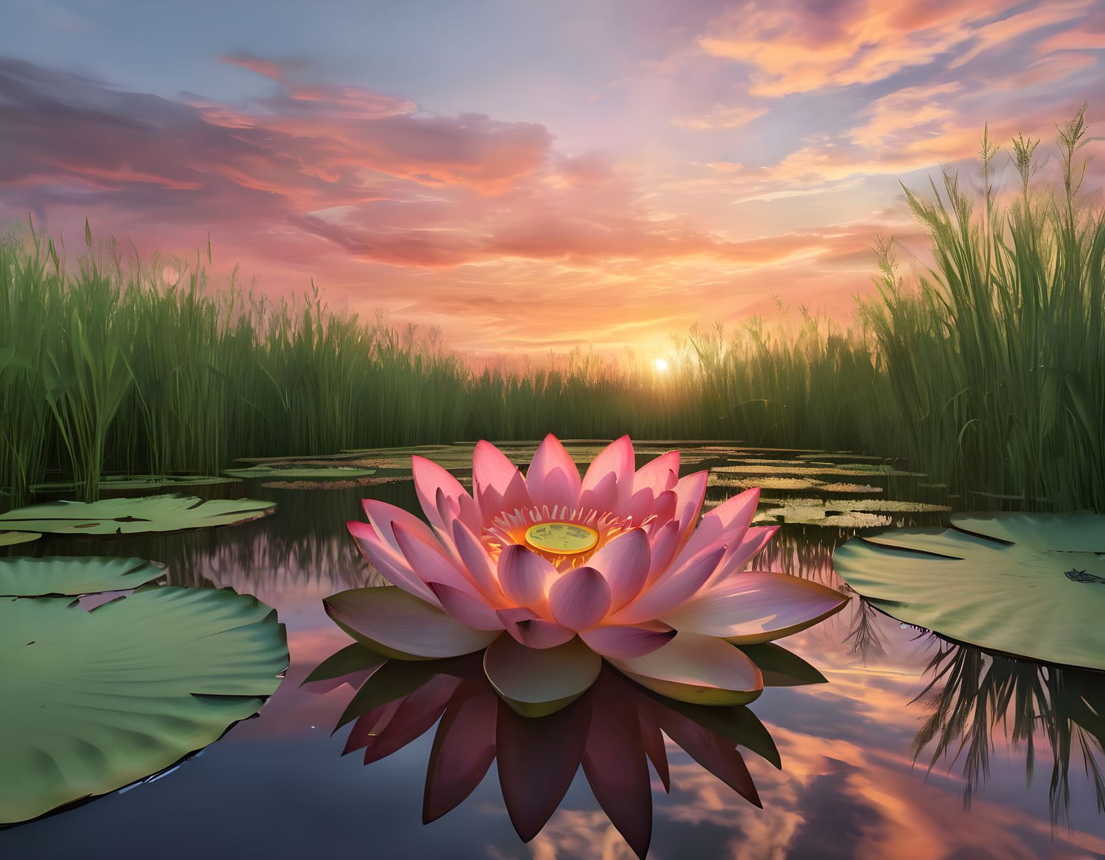 Vibrant Pink Lotus in Sunset Glow