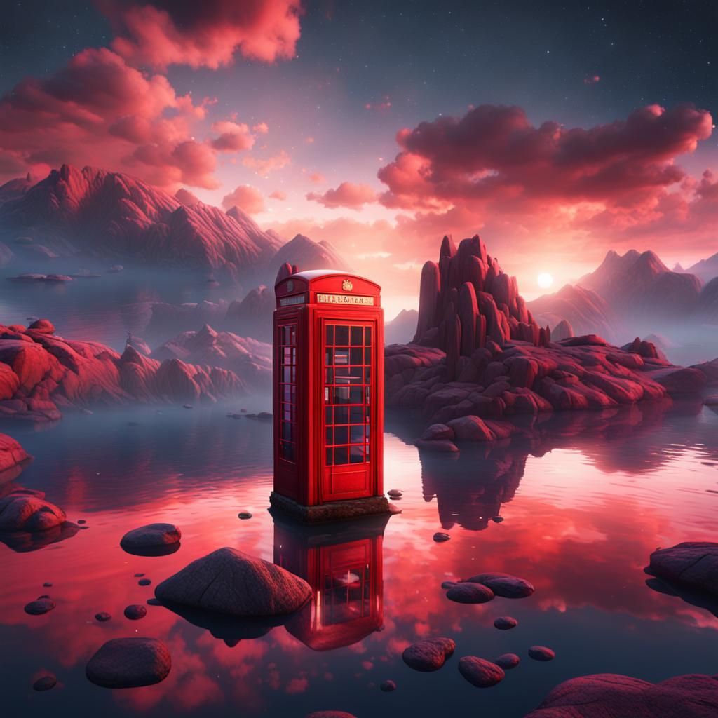 Red Phone Box in Lake Under Nebula Sky