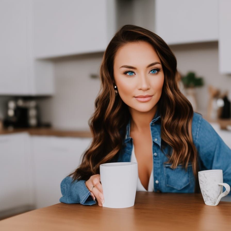 Woman with Coffee Cup at Kitchen Table