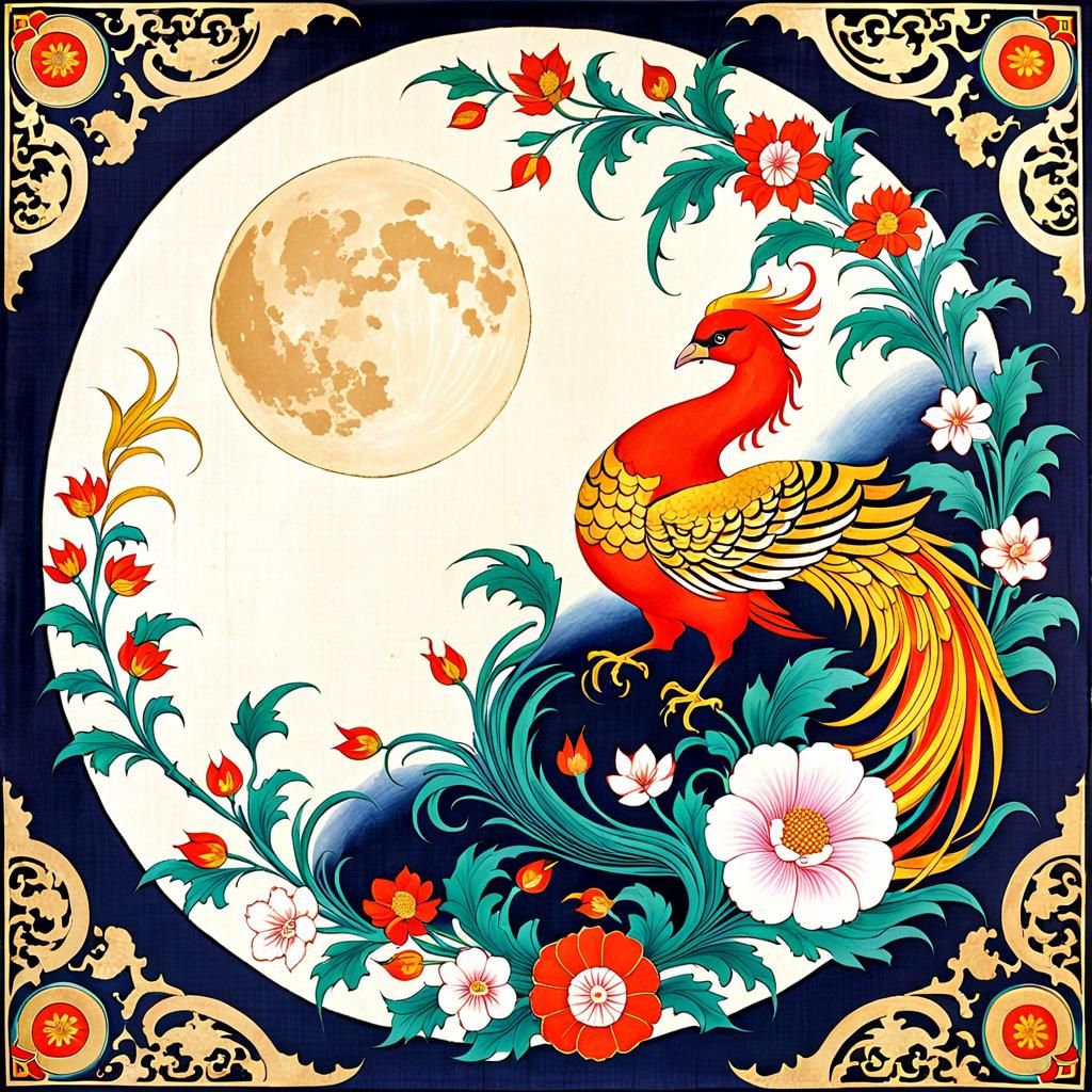 Phoenix on Silk Under Moon with Floral Decorations